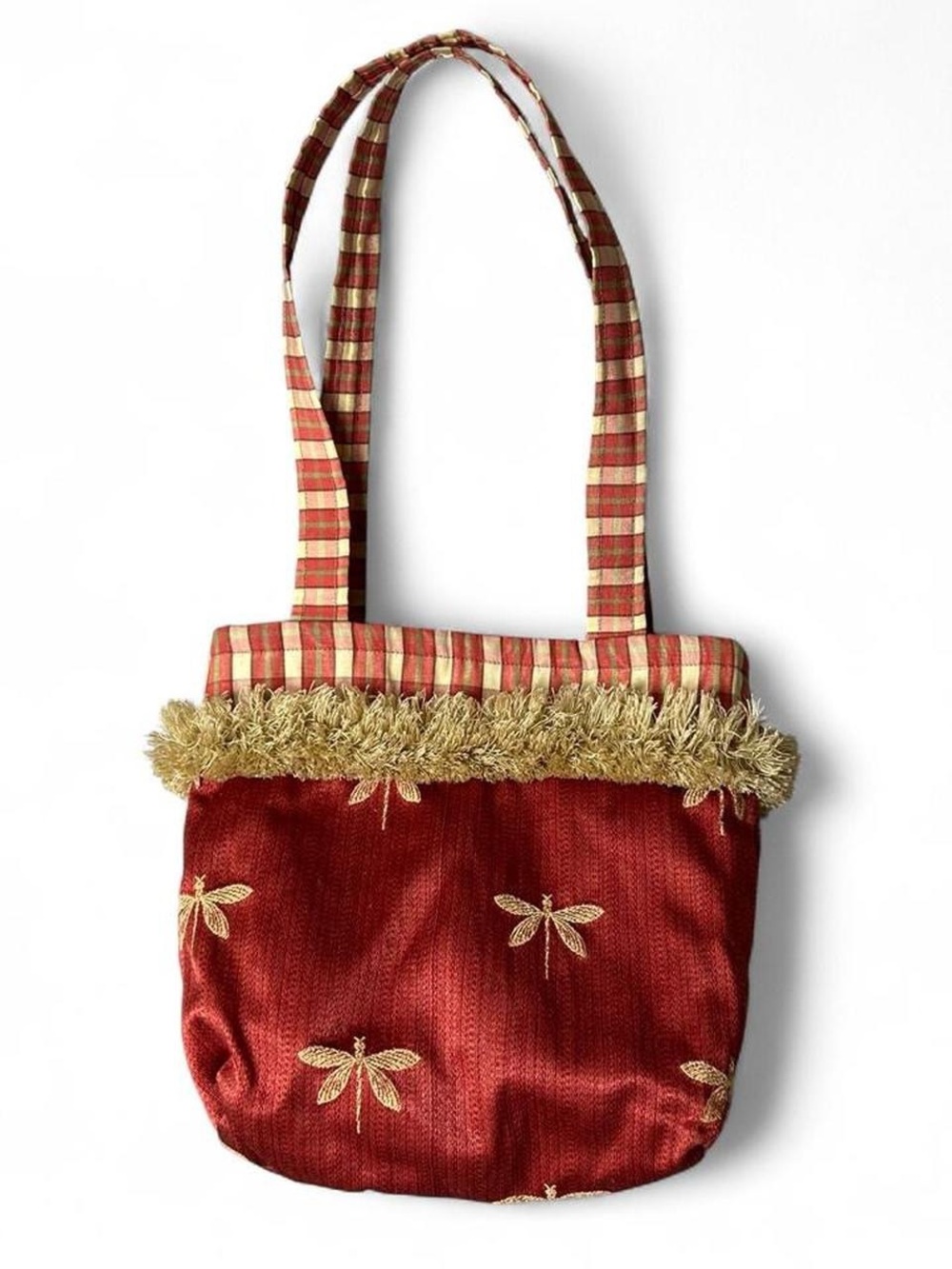 Dragonfly Whimsical Plaid Red & Gold Tote Bag